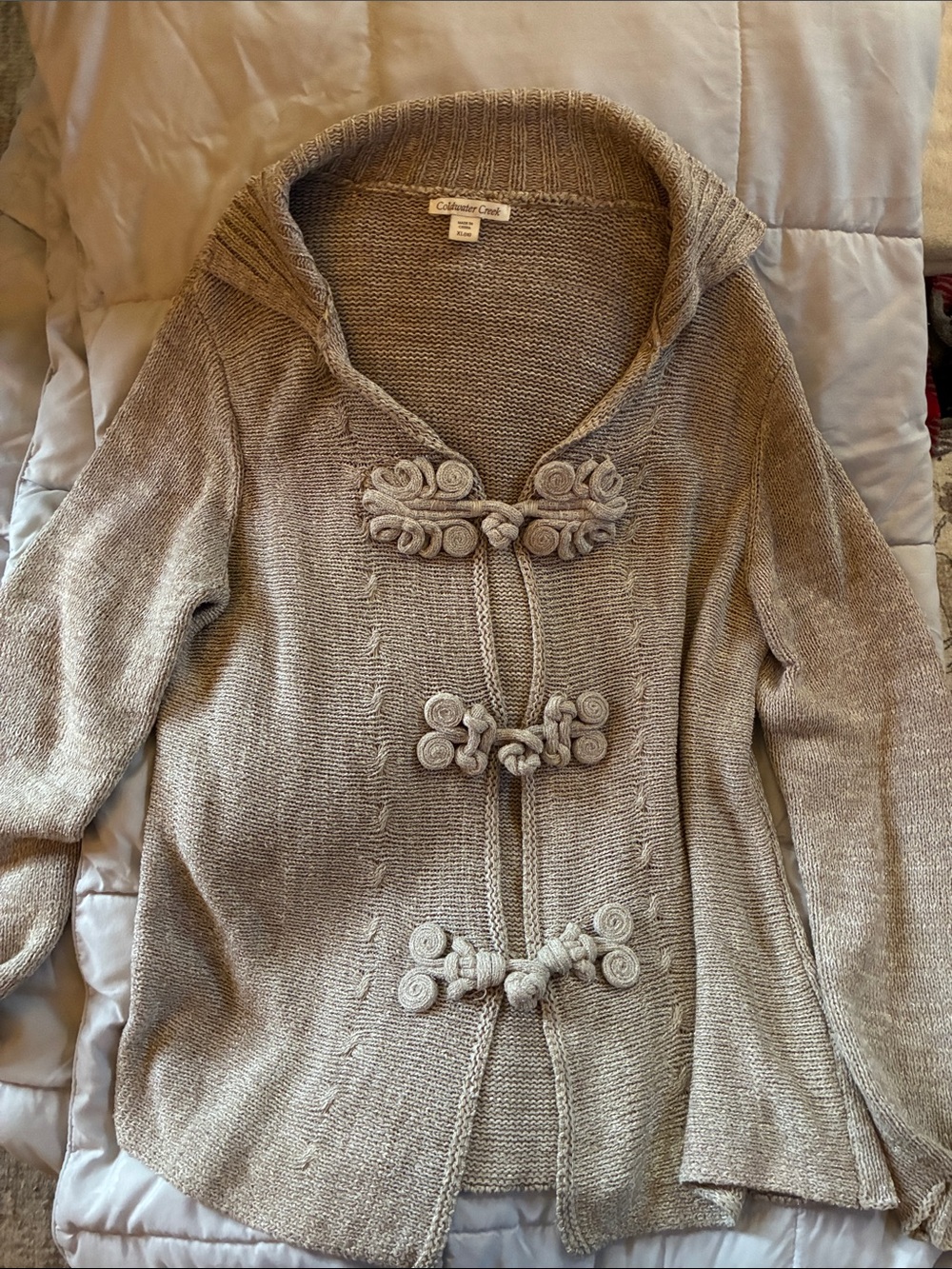 Coldwater Creek Beige Hooded Cardigan with Decorative Toggles and Silver Accents
